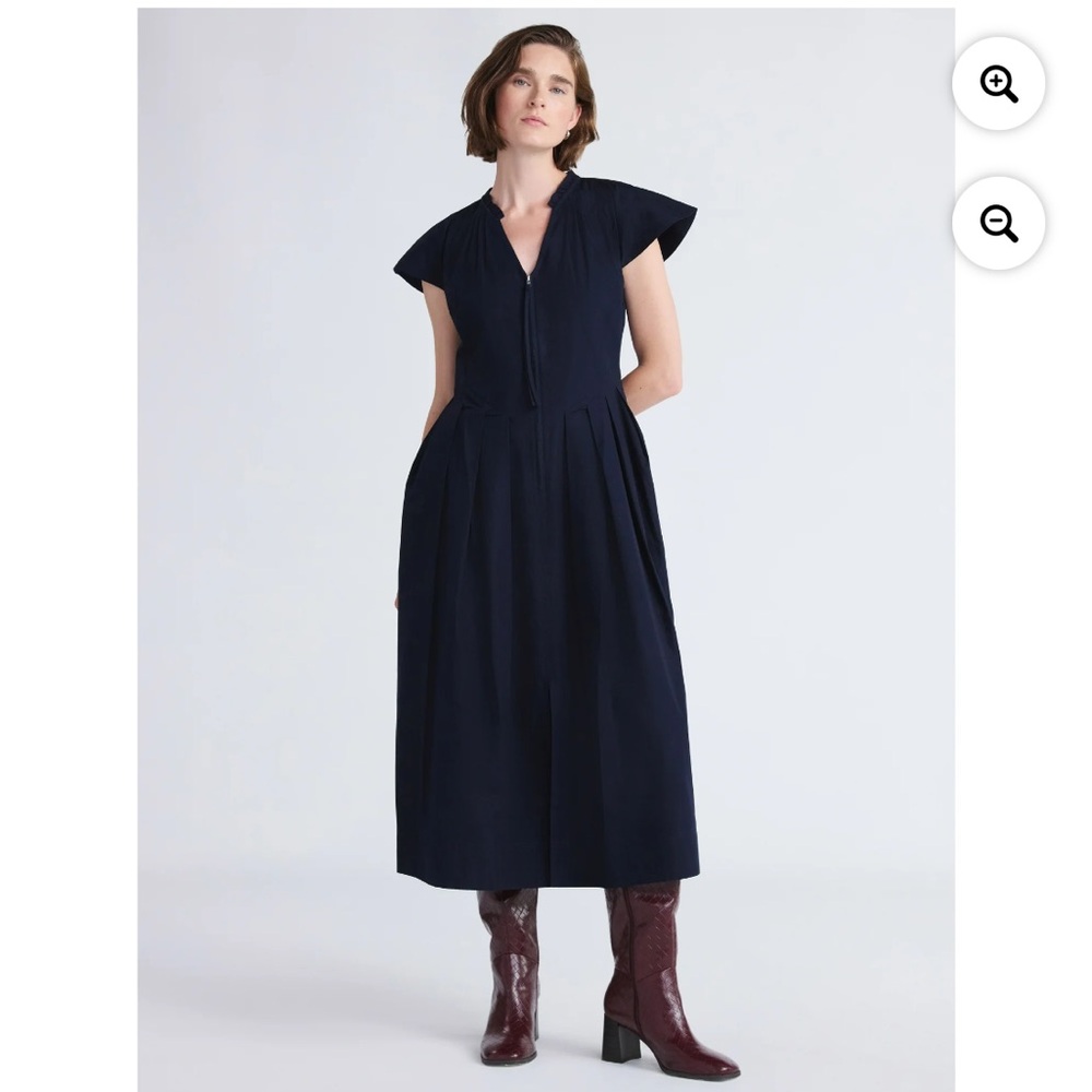 Nwt Free Assembly Women Zip Front Dress Navy Cotton maxi Flutter Sleeves